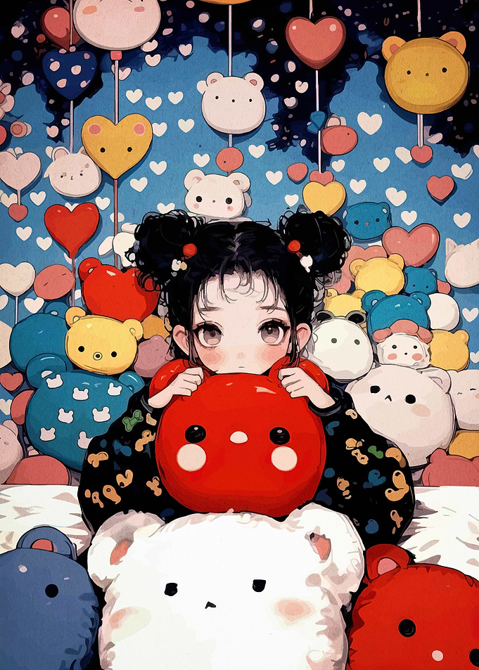 Anime Girl Surrounded by Bear Plushies