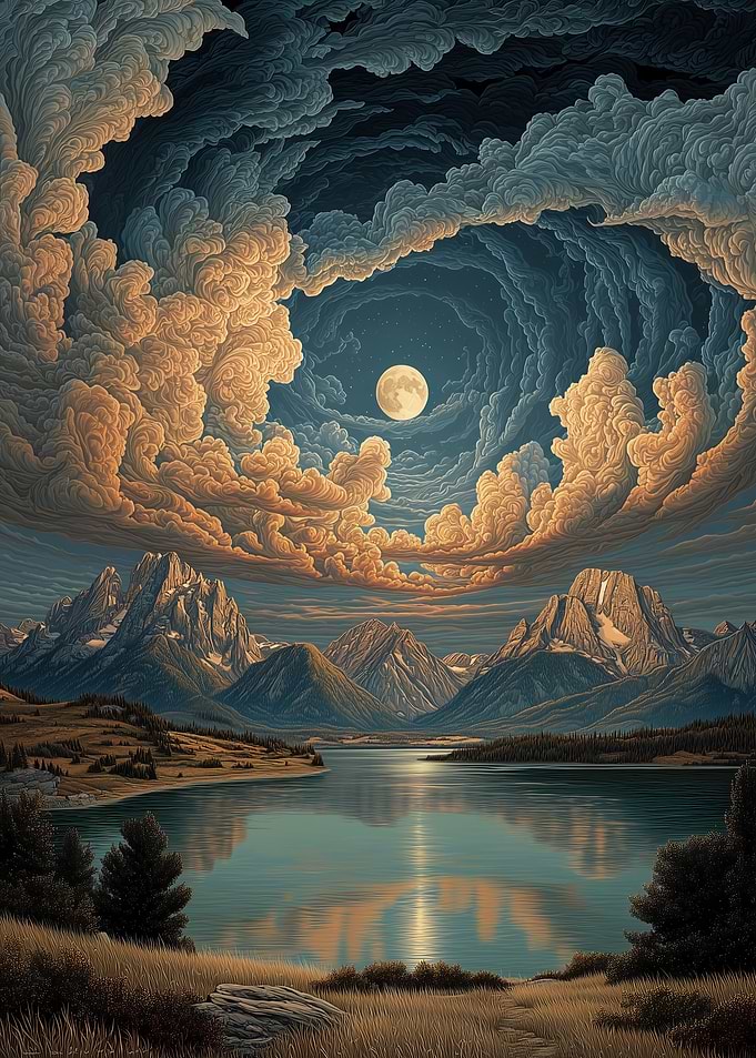Mountain Lake Under a Cloudy Moon