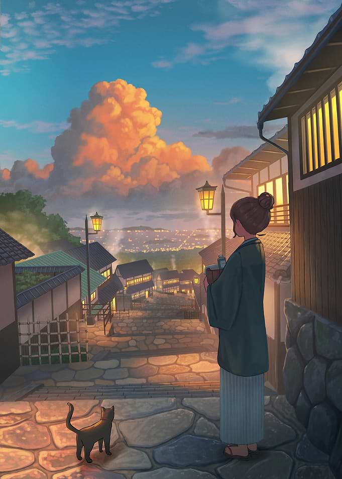 Japanese Townscape with Woman and Cat