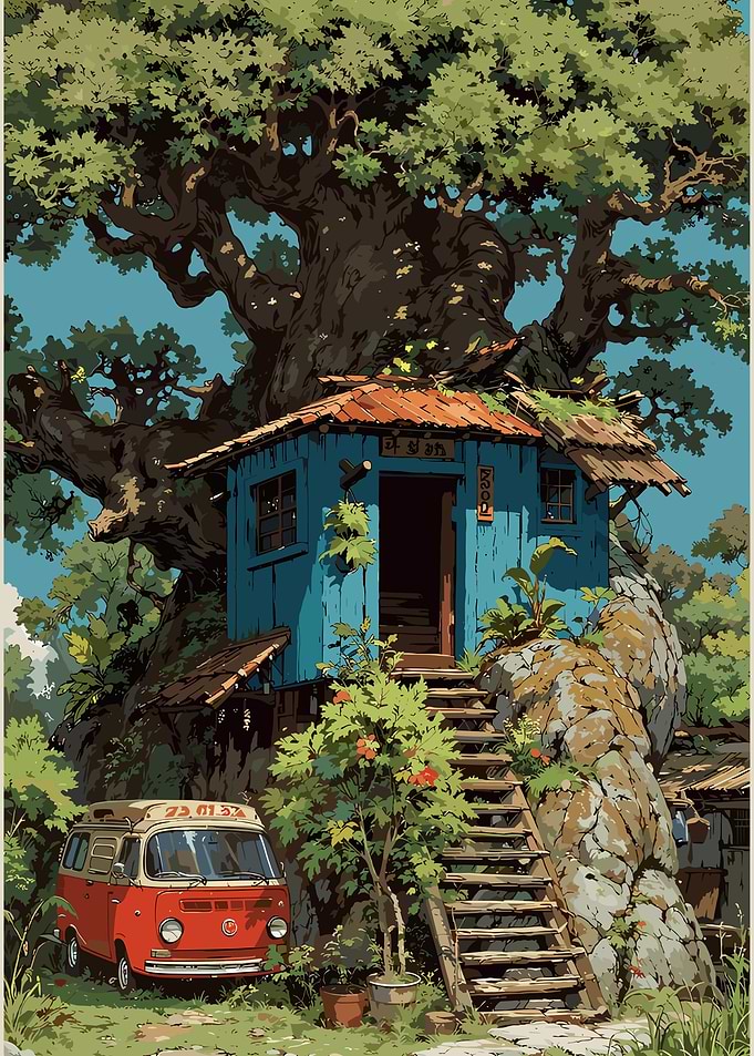 Treehouse and Van in Nature Scene