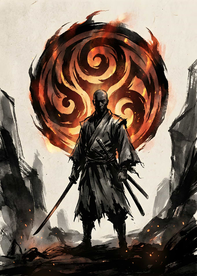 Samurai Warrior with Fiery Symbol holding sword
