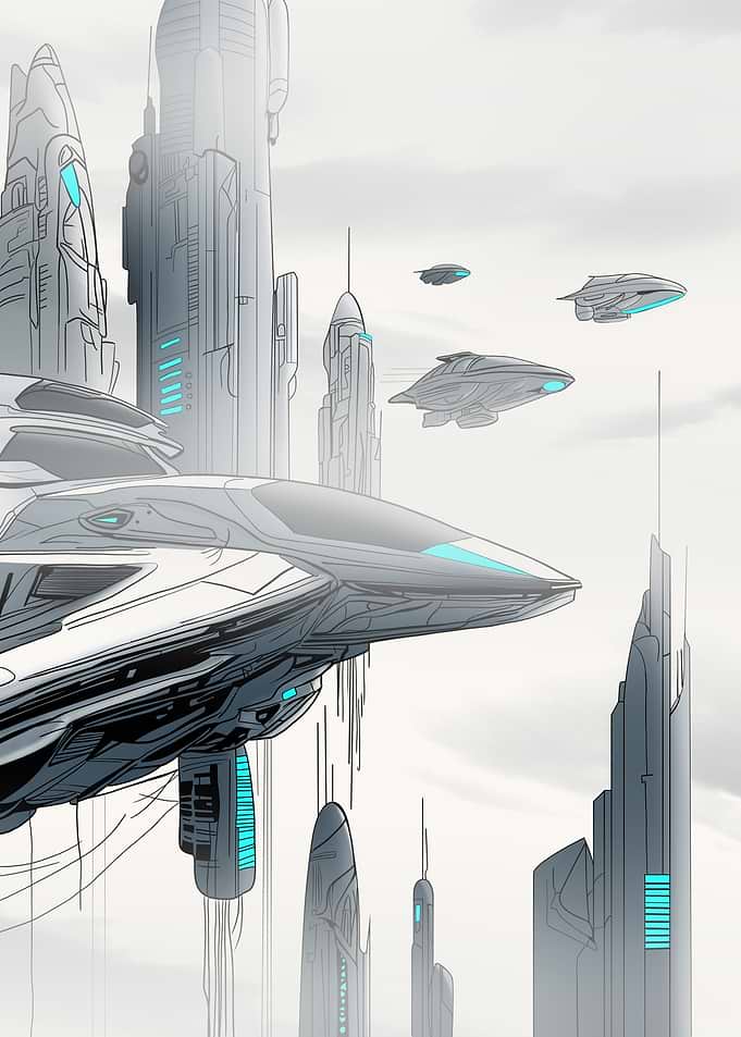 Futuristic Cityscape with Flying Spaceships