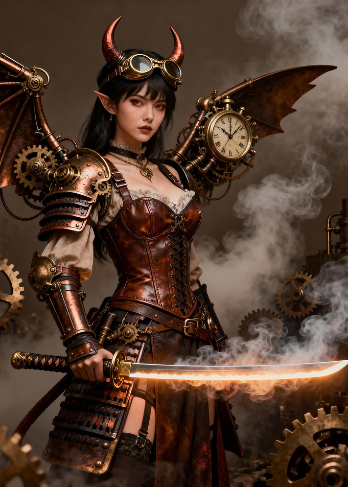 Steampunk Demon Warrior with Glowing Sword