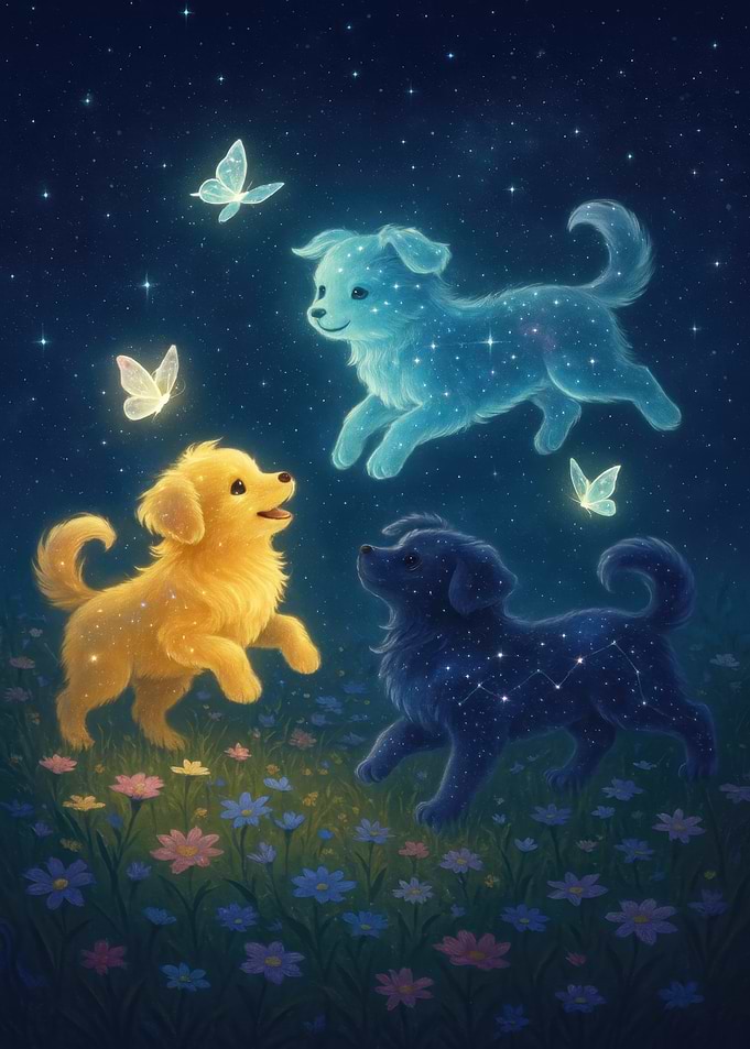 Celestial Puppies in a Starry Meadow