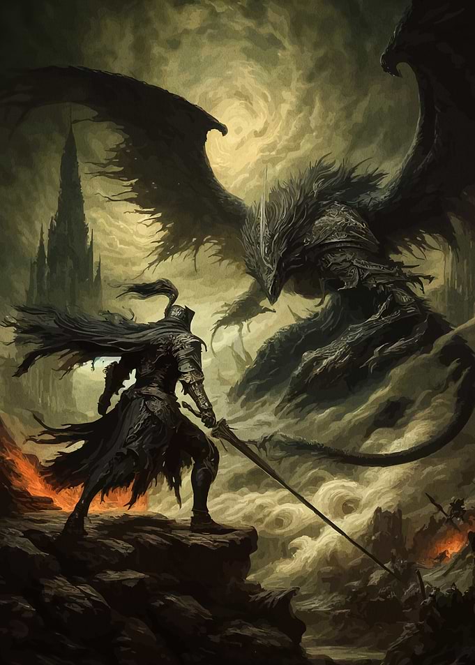 Knight Facing Dragon Dark Fantasy