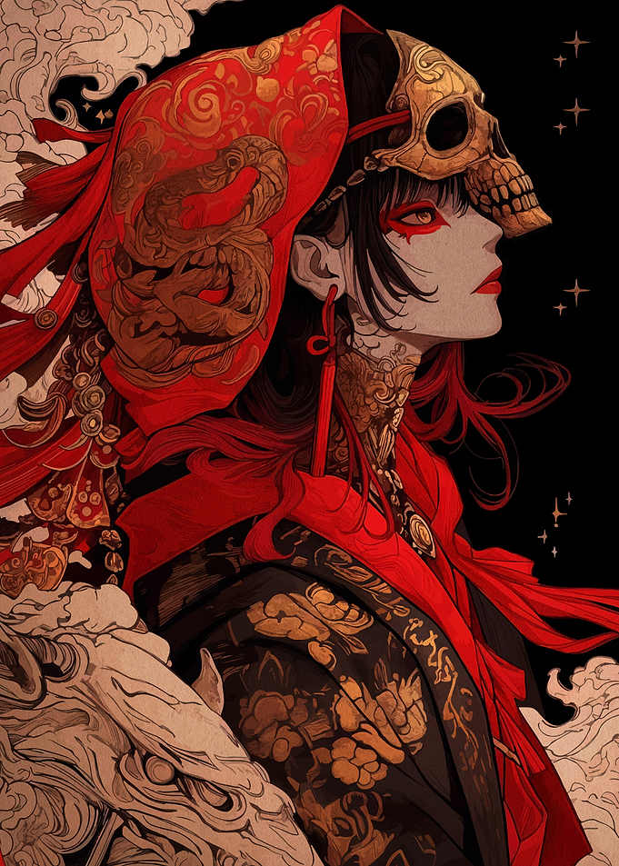 Red Hooded Figure with Skull Mask