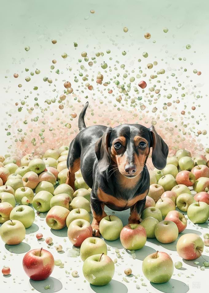 Curious Dachshund Among Apples — Airy Realistic Watercolor Illustration