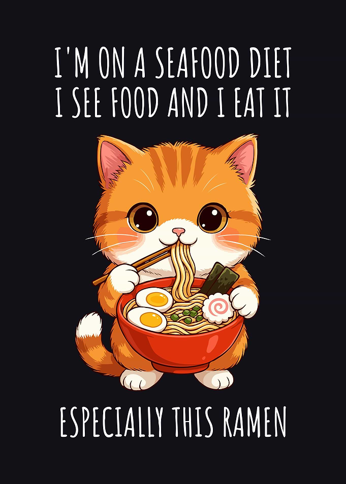 Cat eating ramen cartoon illustration