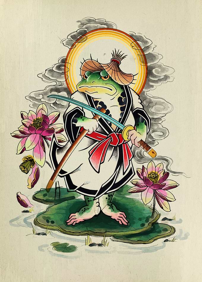 Frog Samurai with Katana and Lotus