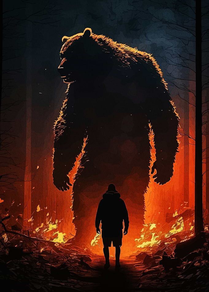 Man Confronting Giant Bear- Forest