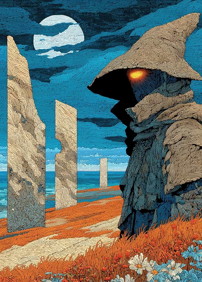 Mysterious hooded figure by the sea