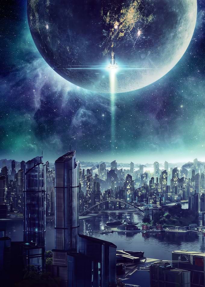 Futuristic Cityscape with Spacecraft and Planet
