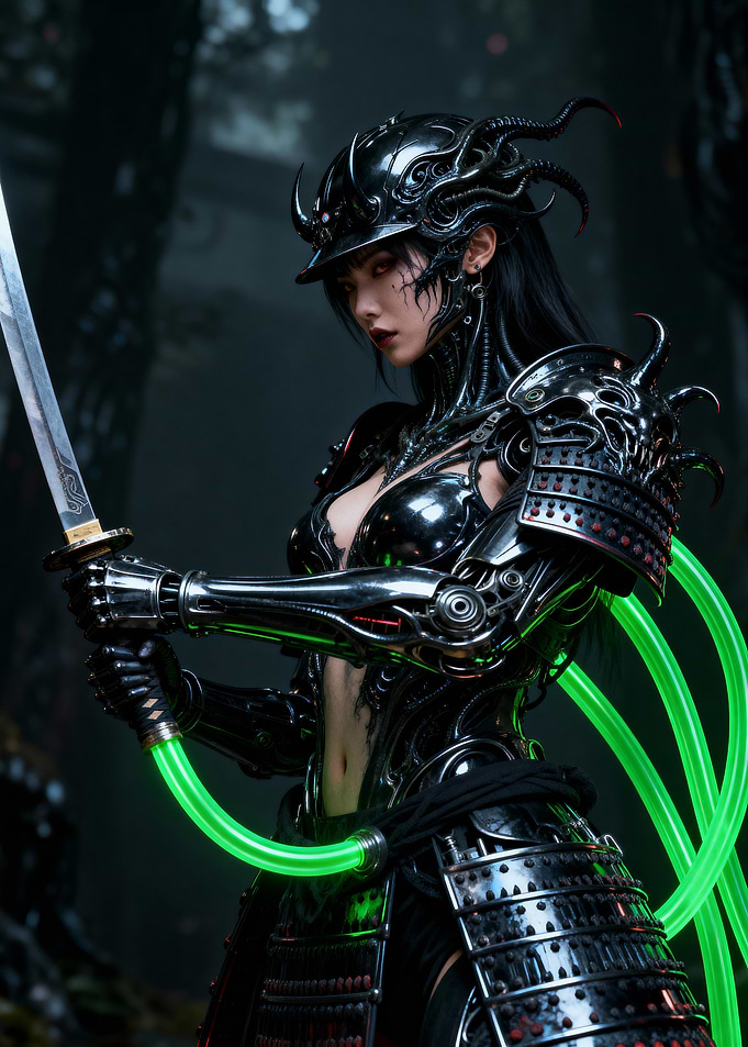 Cyberpunk Samurai Warrior with Glowing Tubes