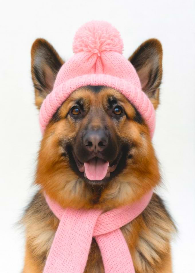 Cozy German Shepherd with Pink Hat and Scarf