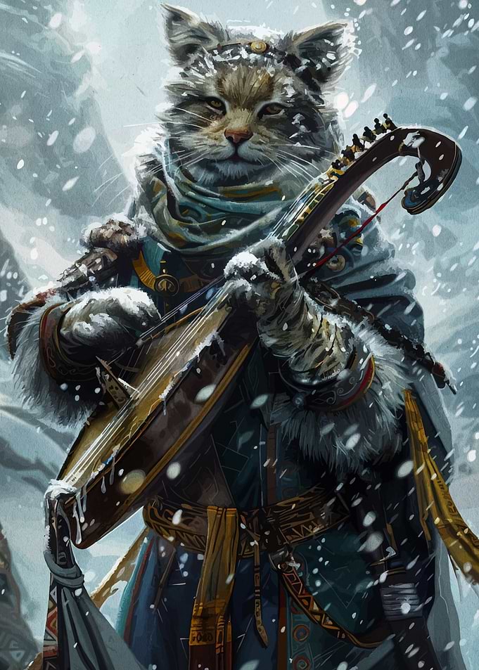 Anthropomorphic Cat Musician in Snowy Landscape