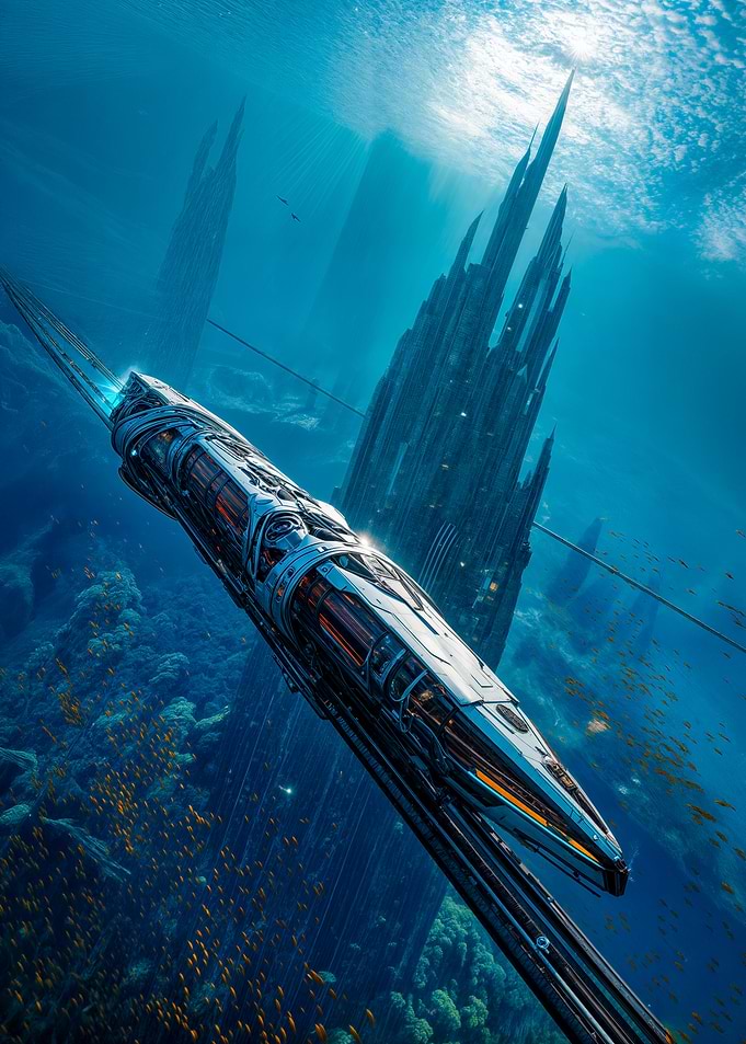Underwater Train with Futuristic Cityscape