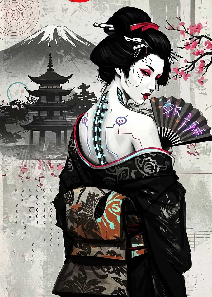 Cyberpunk Geisha with Mount Fuji