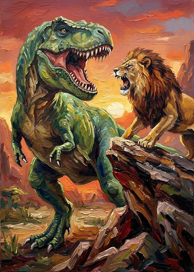 T-Rex versus Lion Painting