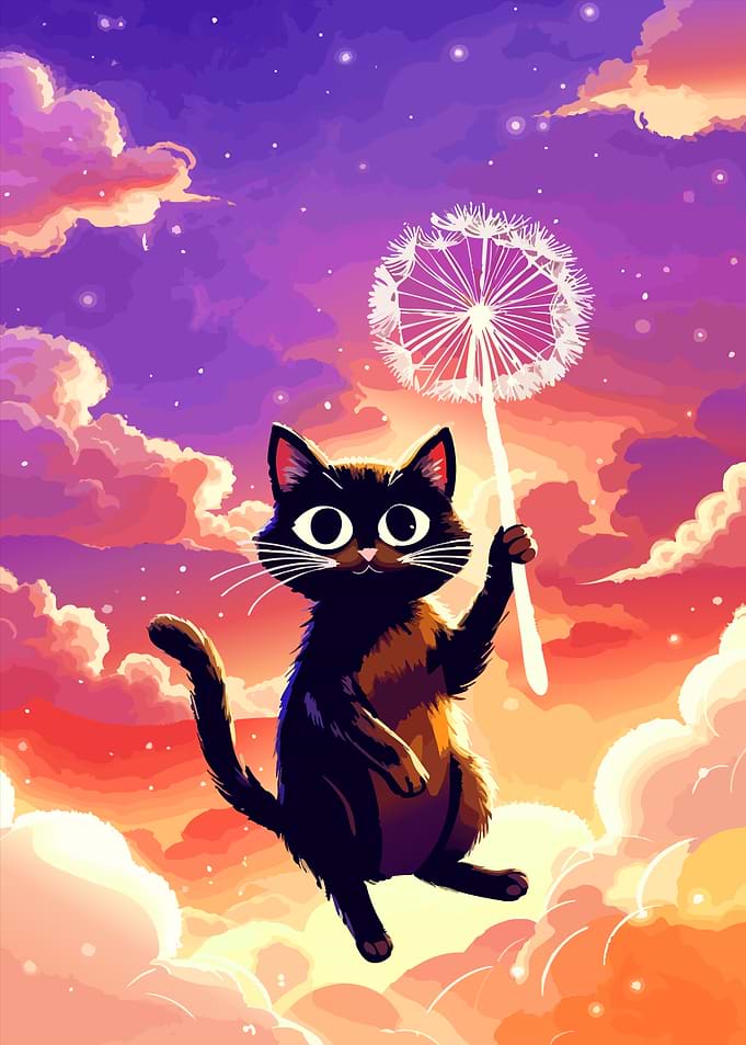 Cat with Dandelion in Dreamy Sky