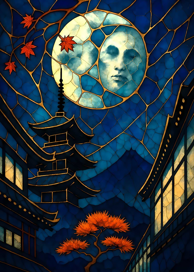 Abstract Fantasy #133 - Japanese Pagoda and Moon Stained Glass