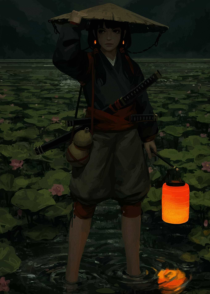 Warrior in Lotus Pond with Lantern