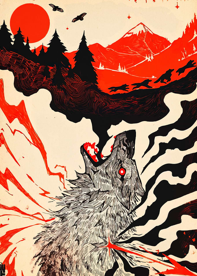 Wolf Howling in Red and Black Landscape