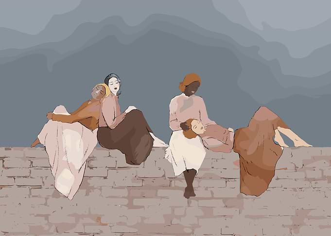 Women Resting on a Brick Wall