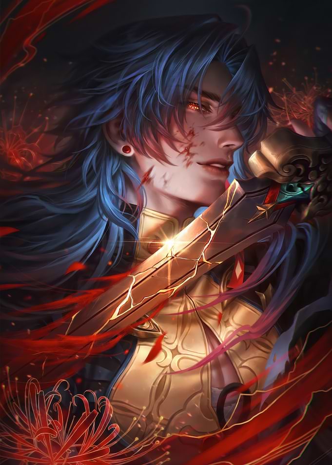 Blue-haired warrior with sword and scars