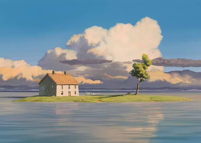 House on Island with Tree