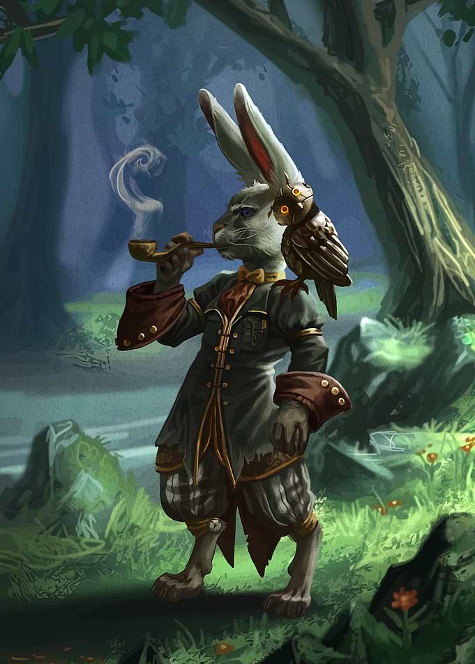 Anthropomorphic Rabbit with Pipe and Owl
