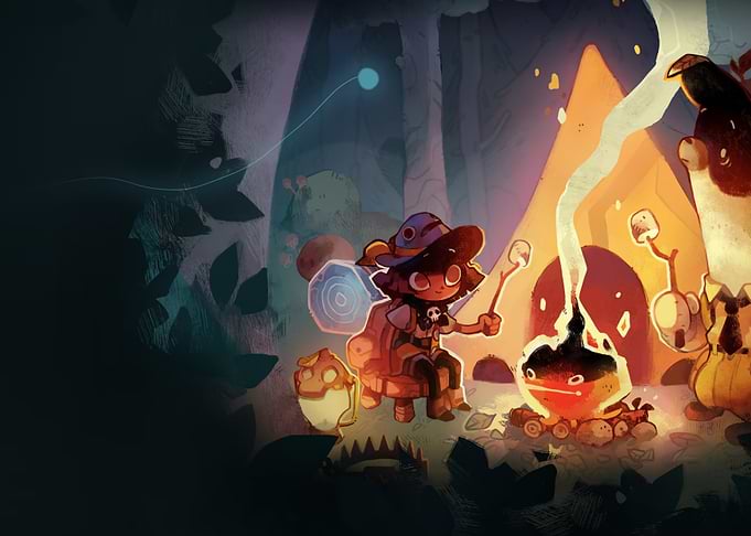 Cartoon Campfire Scene with Witch Character