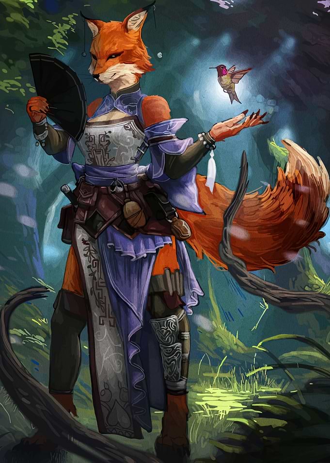 Fox Anthro with Hummingbird in Forest