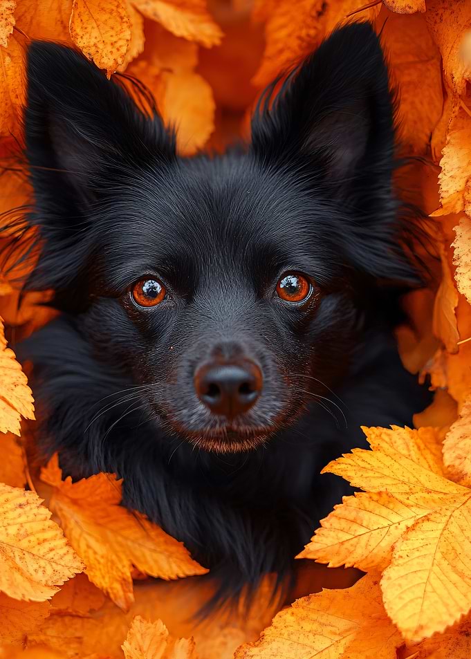 Black Dog Portrait in Autumn Leaves
