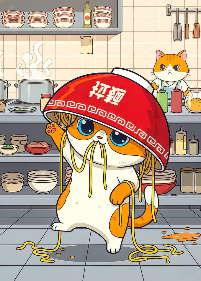 Cartoon Cat with Ramen Bowl Hat