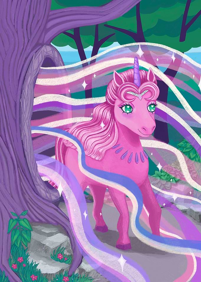 Pink Unicorn in Magical Forest