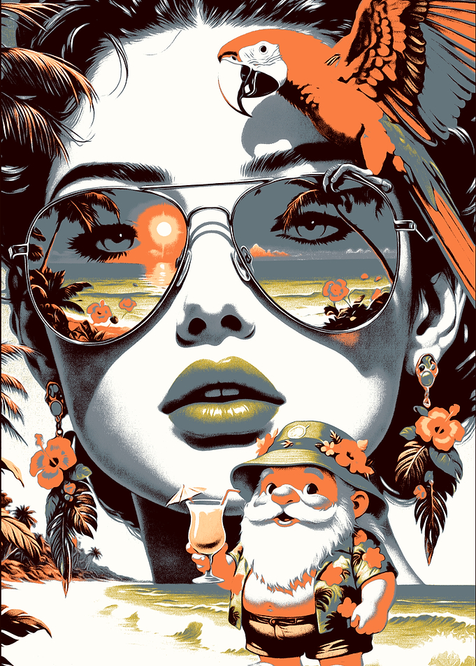 Tropical Paradise with Woman, Parrot, and Gnome