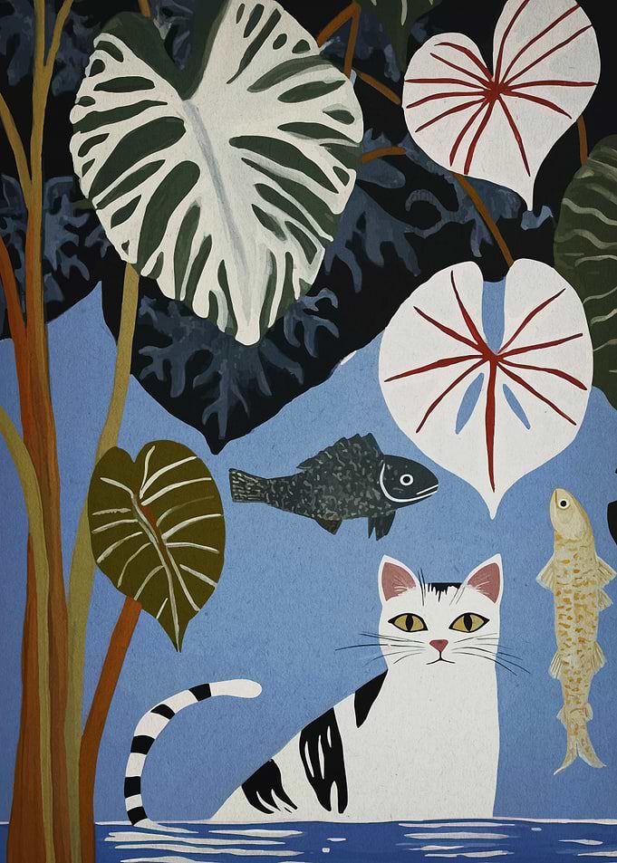 Cat in Water with Fish and Leaves
