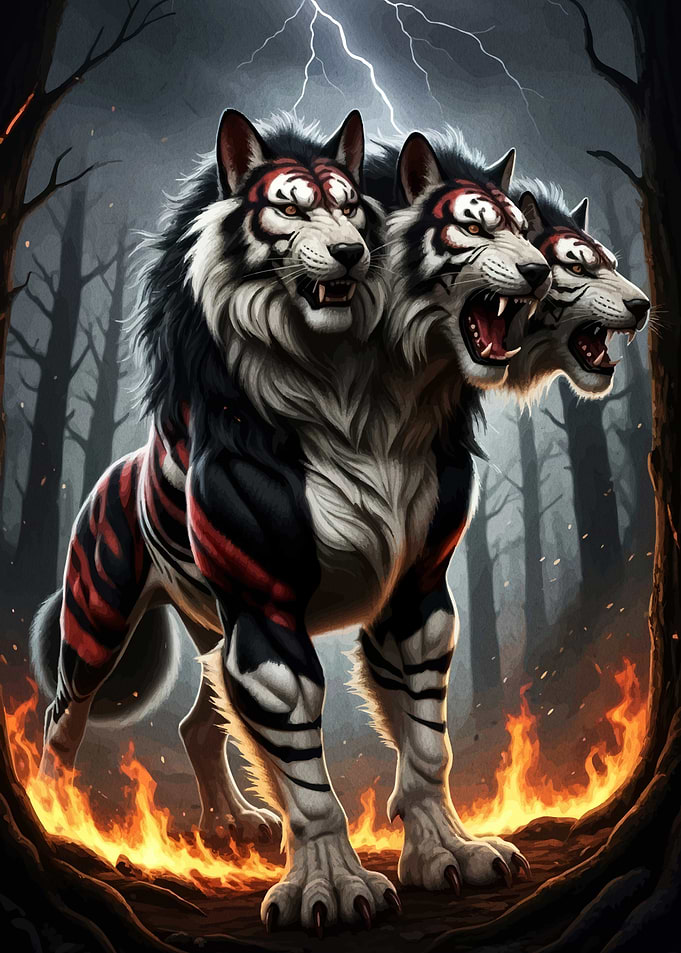 Three-Headed Tiger-Wolf in Fiery Forest