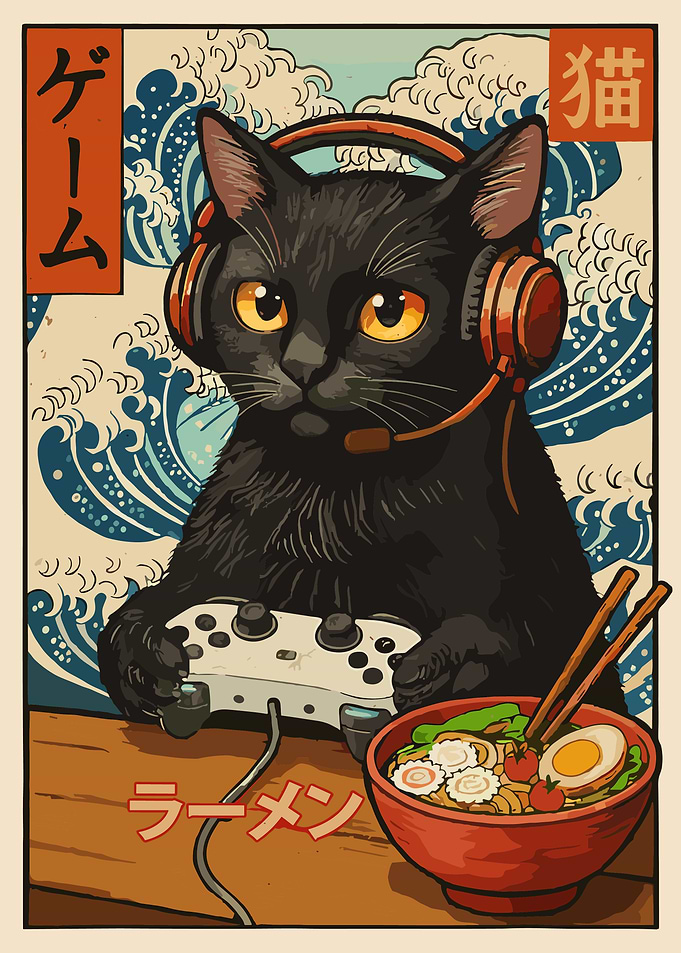 Gamer Black Cat with Ramen and Waves