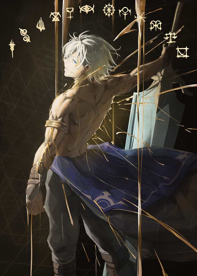 Anime Warrior with Sword and Symbols