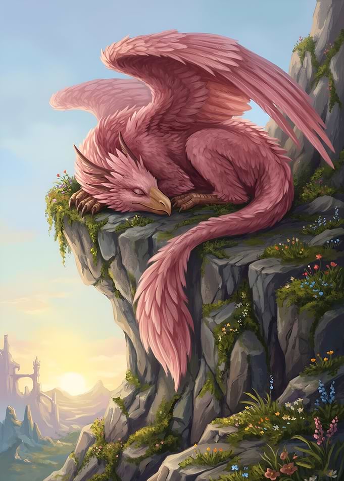 Sleeping Pink Griffin on Cliff Edge