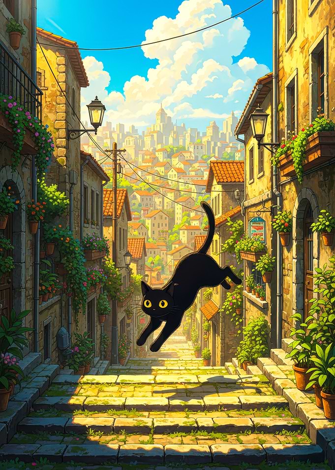 Black cat jumping in Italian alley