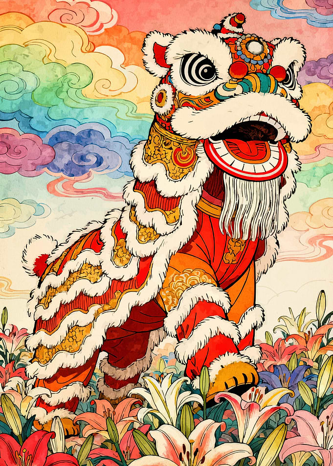 Chinese Lion Dance in Floral Field