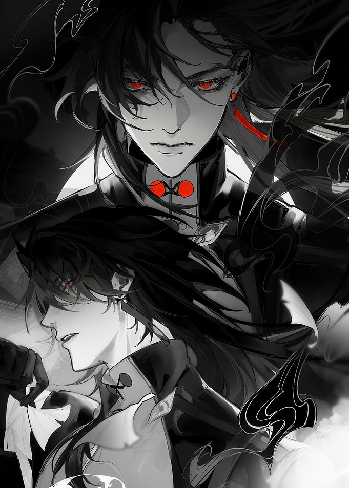 Monochrome Anime Characters with Red Accents