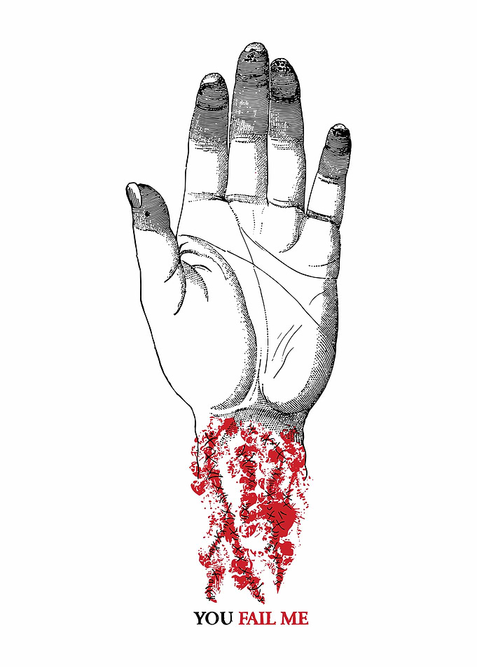 Hand with Red Splatter and Text