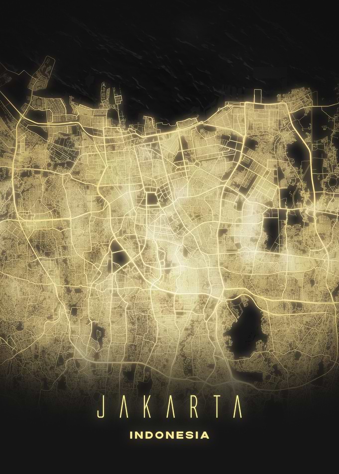 Jakarta, Indonesia - Radiant Night City Map Poster, Contemporary Urban Wall Art