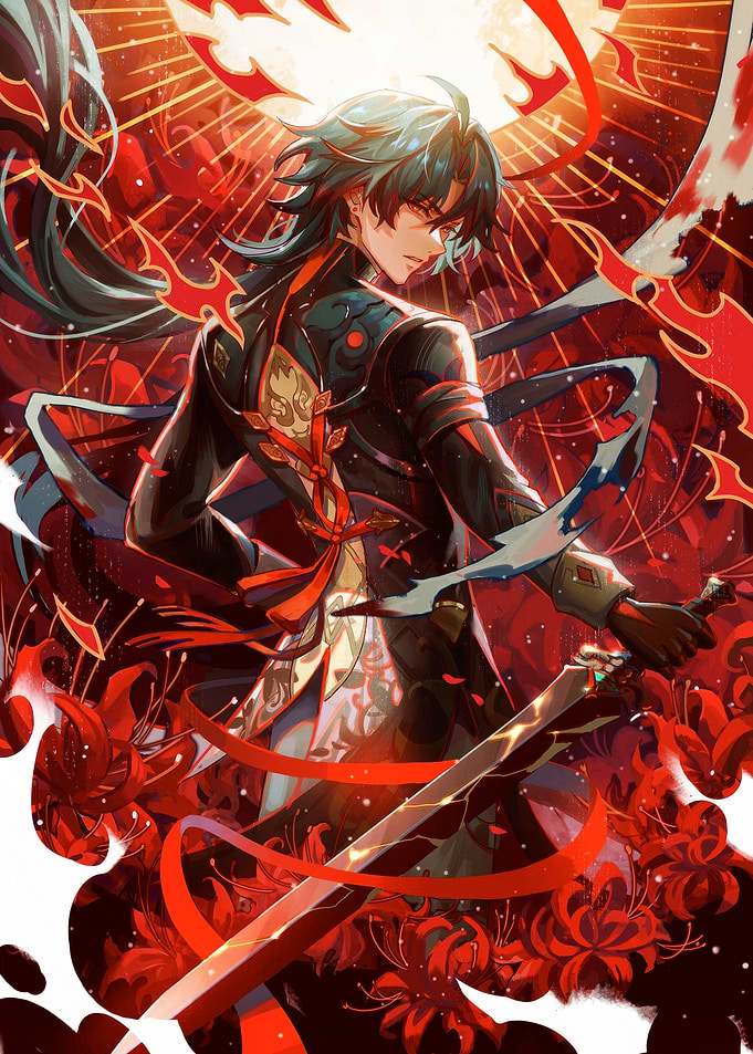 Anime Warrior with Sword and Red Flowers