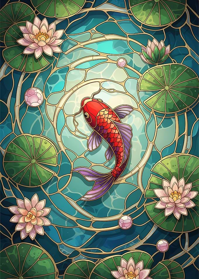Koi Fish and Lily Pond Art