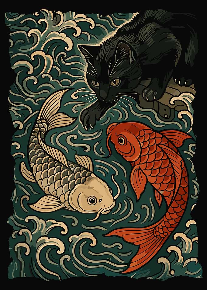 Black Cat and Koi Fish Art
