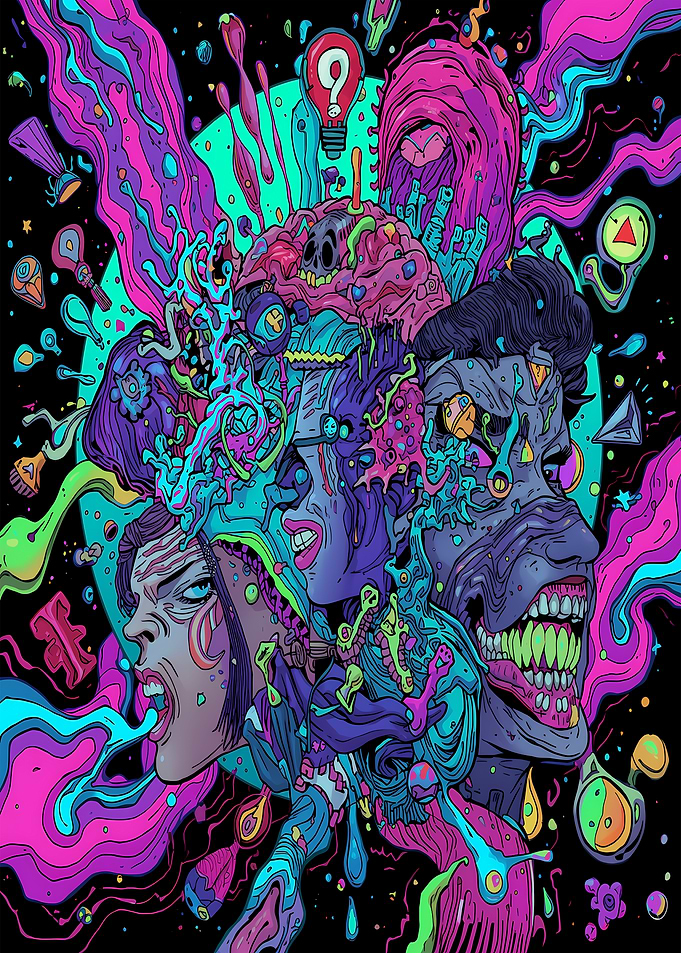 Psychedelic Faces with Brain and Question